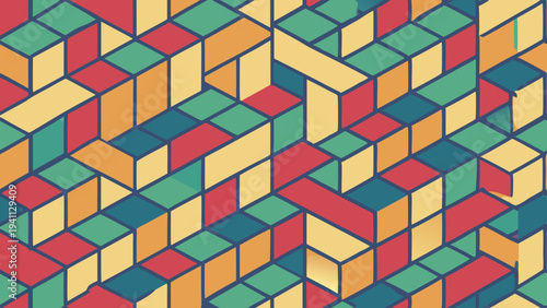 Isometric block background with retro color scheme and line art