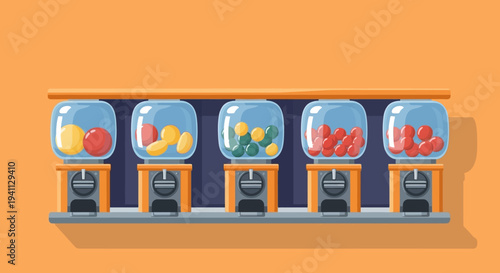 Row of colorful candy dispensers filled with various sweets on an orange background
