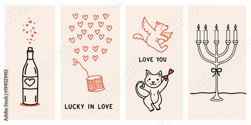 Four vertical panels with romantic and celebratory illustrations in orange