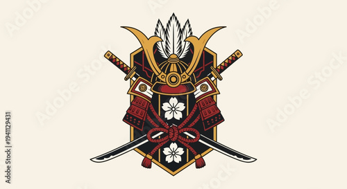 Samurai Emblem with Swords and Cherry Blossoms: Japanese Warrior Symbol