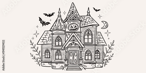 A detailed sketch of a spooky haunted house with bats and stars