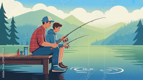 Father and son fishing together on a serene lake with mountains in the background on a sunny day outdoors
