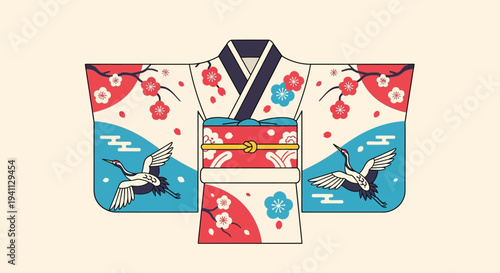 Traditional Japanese Kimono with Cranes and Cherry Blossoms Illustration