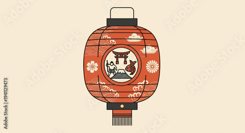 Traditional Japanese Lantern with Mount Fuji, Torii Gate, Sumo Wrestler, and Cherry Blossoms