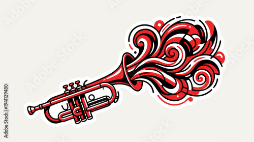 Red trumpet with stylized swirling sound waves illustration on a light background.
