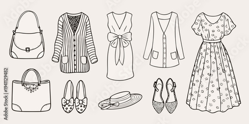 Fashion illustration displaying various clothing items and accessories in black and white