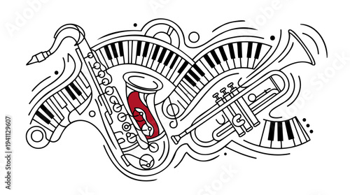 Stylized line art illustration featuring a saxophone, trumpet, and piano keys, representing the vibrant world of music and jazz.