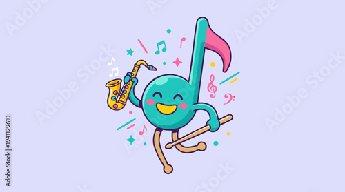 A cheerful cartoon musical note character playing a saxophone and holding drumsticks, surrounded by floating musical symbols.