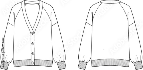 Technical fashion flat sketch of cardigan sweater front and back view with V-neckline, button closure, raglan sleeves, ribbed cuffs and hem