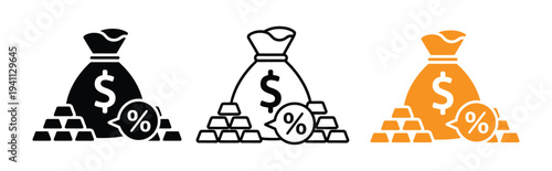 Flat style financial symbols set featuring a money bag, dollar coin, gold bars finance and wealth concepts. Money bags with gold bars and percentage signs. 