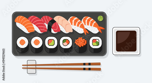 Assortment of Fresh Sushi and Maki Rolls on a Black Platter with Soy Sauce and Chopsticks