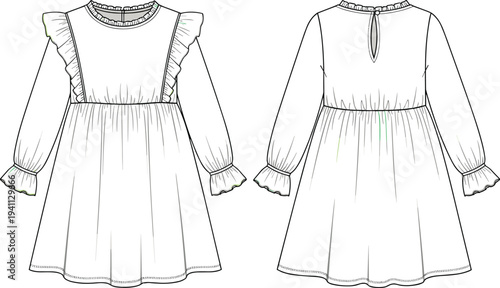 Technical fashion flat sketch of children’s long-sleeved ruffled dress with gathered waist, flared skirt, keyhole back and garment construction details