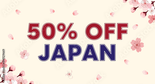 50% Off Japan Sale Banner with Cherry Blossoms