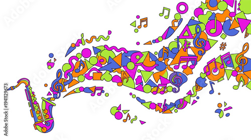 A vibrant, abstract illustration of a saxophone playing colorful music notes and geometric shapes, symbolizing creativity and artistic expression.