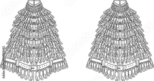 Stylized fashion illustration of feathered cape front view with layered feathers, high collar, center clasps, waist belt buckle design