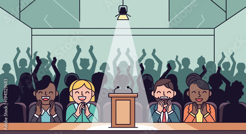 Audience applauds speaker on stage under spotlight, celebrating success