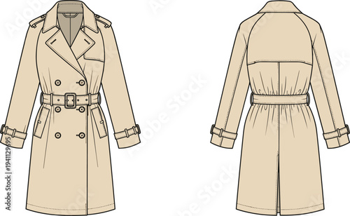 Technical fashion flat sketch of classic trench coat front and back view with double-breasted buttons, lapel collar, belt, epaulets, vent design