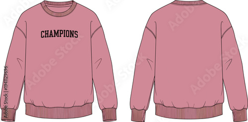 Technical fashion flat sketch of crewneck sweatshirt front and back view with ribbed cuffs, waistband, neckline, bold chest print design