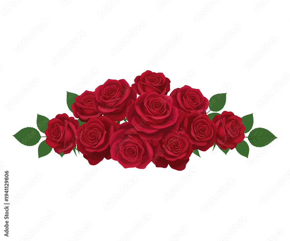 Fototapeta premium A beautiful bouquet of red roses with green leaves is isolated on white as a romantic floral gift for Valentine's Day or a wedding celebration of love