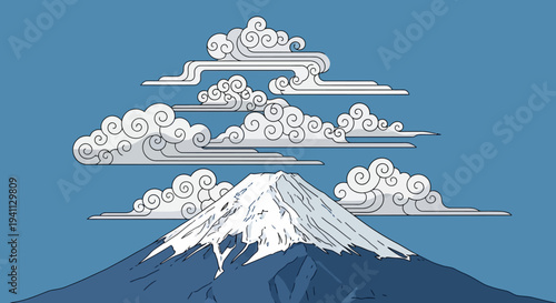 Iconic Mount Fuji with Stylized Clouds in a Clear Blue Sky