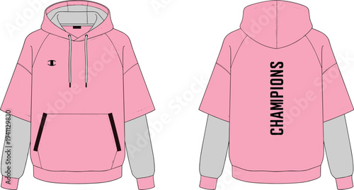 Technical fashion flat sketch of hooded sweatshirt with layered sleeves, kangaroo pocket, drawstring hood and bold back lettering design