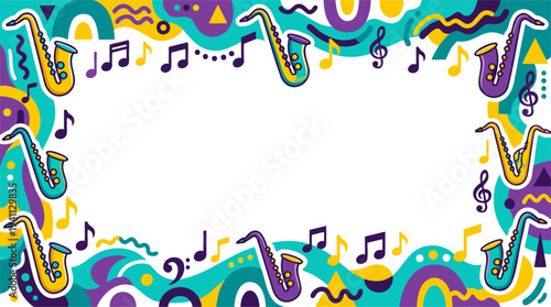 Vibrant cartoon musical border with saxophones and notes on a colorful abstract background.