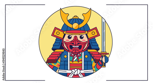 Japanese Samurai Warrior Cartoon Character with Sword and Mask