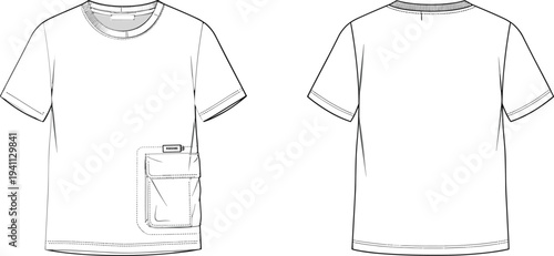 Technical fashion flat sketch of short-sleeved t-shirt with round neckline, flap pocket detail, ribbed collar and garment construction design