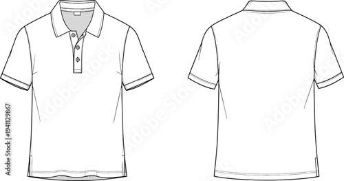 Technical fashion flat sketch of short-sleeve polo shirt front and back view with collar, button placket, cuffs, hem, and side slits