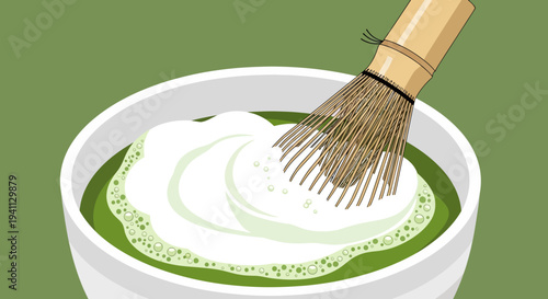 Matcha Tea Preparation: Whisking Powder with Bamboo Chasen in White Bowl