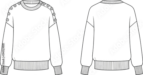 Technical fashion flat sketch of sweatshirt front and back view with shoulder button detail, ribbed cuffs, neckline, hem construction design