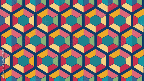 Geometric Hexagon Pattern with Vibrant Colors on a Navy Backdrop