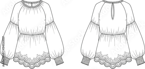 Technical fashion flat sketch of women’s blouse front and back view with puff sleeves, ruffle neckline, peplum waist, scalloped embroidered hem