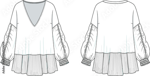 Technical fashion flat sketch of women’s blouse with deep V-neckline, voluminous gathered sleeves, pleated flounce and garment construction details