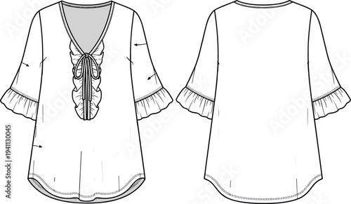 Technical fashion flat sketch of women’s blouse front and back view with V-neckline, central ruffle, flared sleeves, curved hem design