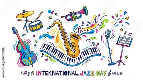 Vibrant illustration celebrating International Jazz Day on April 30 with a collection of musical instruments and colorful notes.
