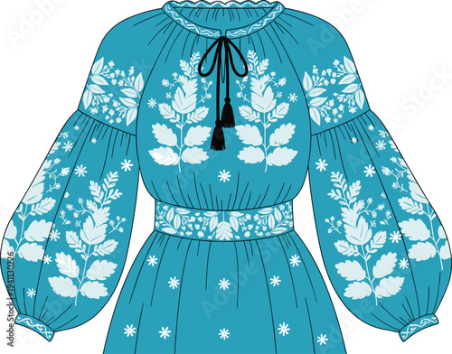 Technical fashion flat sketch of women’s traditional embroidered dress with puff sleeves, scalloped neckline, tassel tie, cinched waist, floral motifs