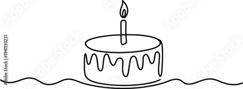 Simple continuous line drawing of a birthday cake with a lit candle and dripping icing on a white background Keywords: birthday cake, celebration, candle, icing, dessert, sweet, party
