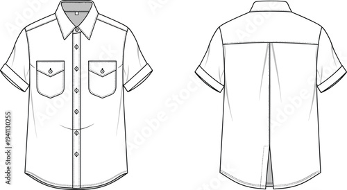 Technical fashion illustration of short-sleeve button-up shirt front and back views with collar, flap chest pockets, box pleat, and curved hem