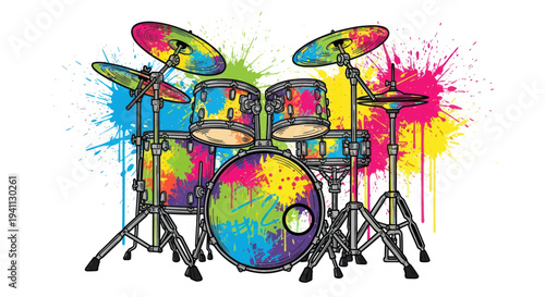 Colorful Drum Kit Splattered with Vibrant Paint on White Background