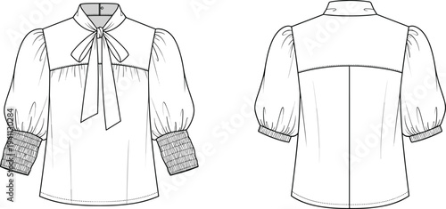 Technical fashion illustration of women’s blouse with bow tie neckline, puffed sleeves, wide cuffs and garment construction design details