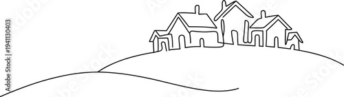 Single Line Art Illustration of a Cluster of Houses on a Hilltop Against a White Background home building