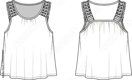 Technical flat sketch of sleeveless women’s top with ladder-style straps, gathered neckline, and flowy silhouette, front and back views