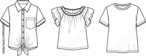 Technical flat sketches of three women’s tops including button-up shirt with tie knot, ruffled blouse, and basic round-neck t-shirt
