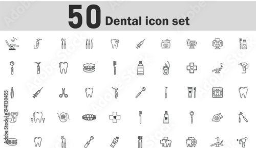 set of 50 dental icons in various styles and designs for use in medical and healthcare contexts