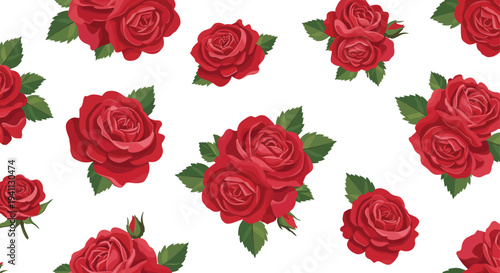 Elegant seamless pattern of red rose blossoms and petals creating a beautiful floral gift for a romantic Valentine or wedding anniversary decoration