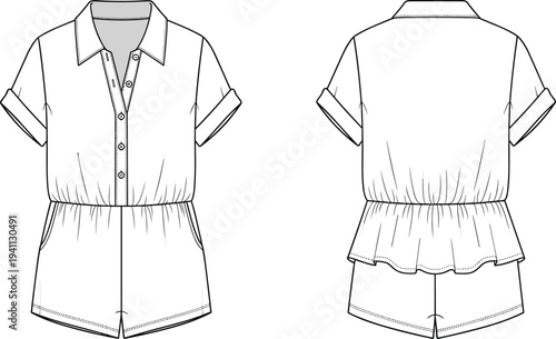 Women’s short-sleeve romper fashion illustration with collared neckline, button placket, cuffed sleeves, gathered waist, side pockets, front and back technical view