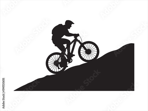 Vector cyclist silhouette riding uphill on mountain trail illustration design. Mountain biking silhouette rider climbing steep hill vector on white background