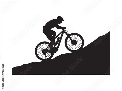 Vector cyclist silhouette riding uphill on mountain trail illustration design. Mountain biking silhouette rider climbing steep hill vector on white background