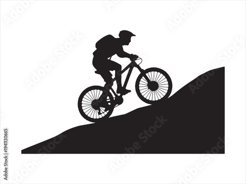 Vector cyclist silhouette riding uphill on mountain trail illustration design. Mountain biking silhouette rider climbing steep hill vector on white background